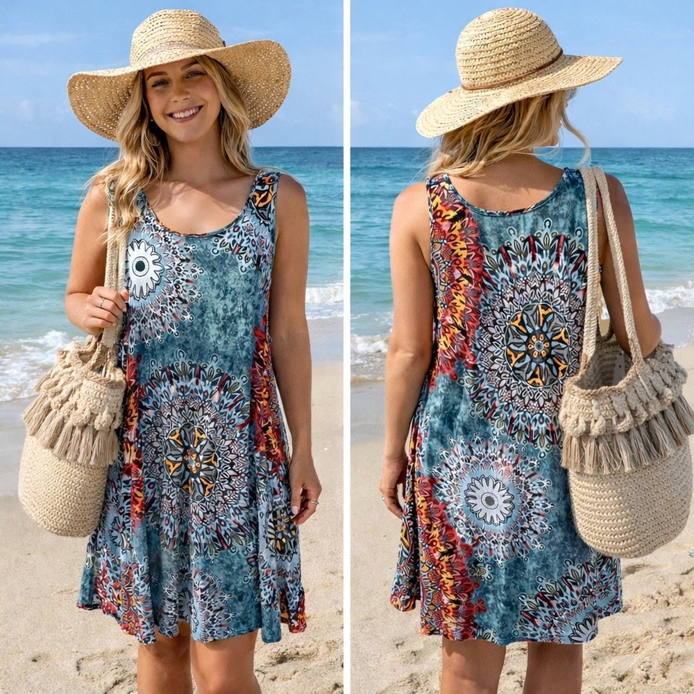 BISHUIGE Womens XL Blue Mandala Print Sleeveless Swing Dress with Pockets Boho